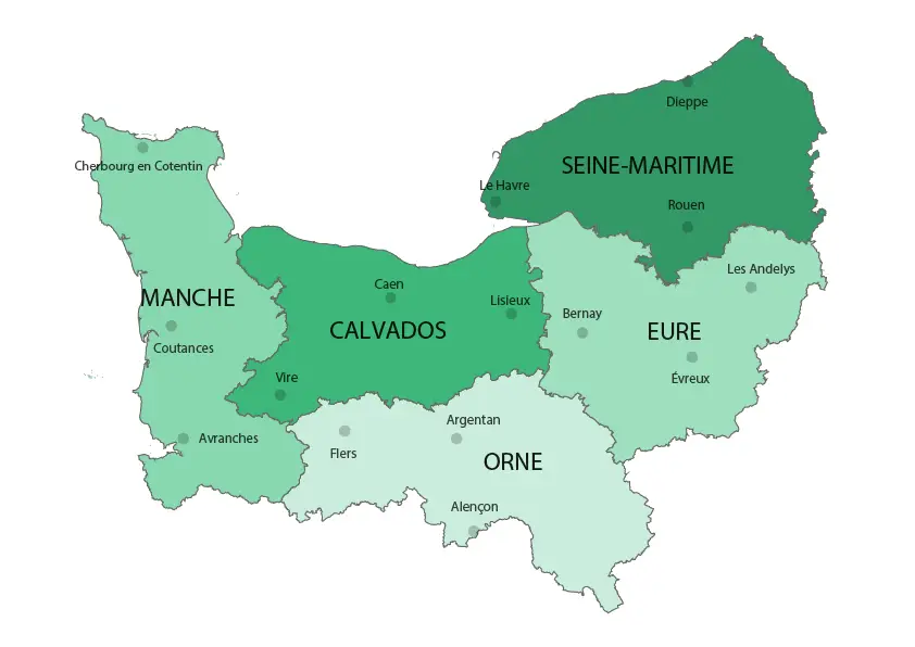 Carte de la région Normandie pour projet d'installation de pompe à chaleur